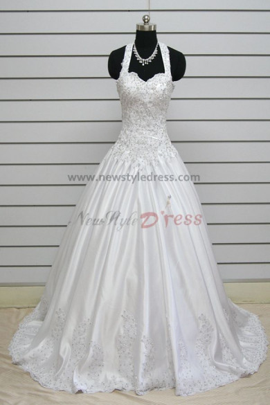 Halter Chest Appliques 20 Inch Train Elegant Wedding Dresses nw-0132