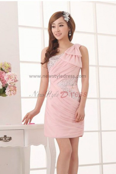 Hand beading One Shoulder Draped Sheath Above Knee Pink Glamorous Cocktail dresses nm-0026