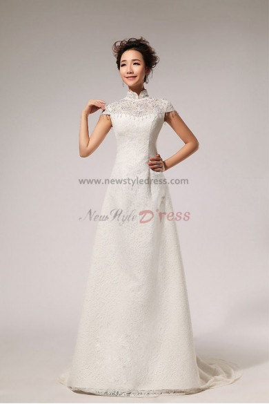 High Collar A-Line Lace Wedding Dresses Chapel Train customize nw-0082