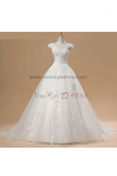 Lace Up ball gowns Elegant Royal Train Lace Organza Hand-beading Wedding Dresses nw-0090