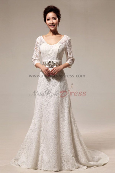 Lace Wedding Dresses With Sleeves Sweep Train Glass Drill Belt nw-0078