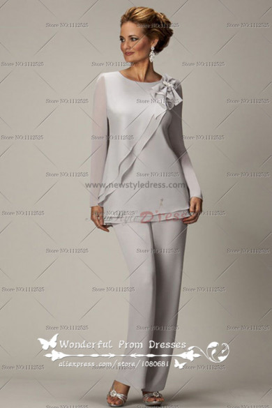 Long Sleeves Light Gray Two piece Chiffon mother of the bride pants suits nmo-020