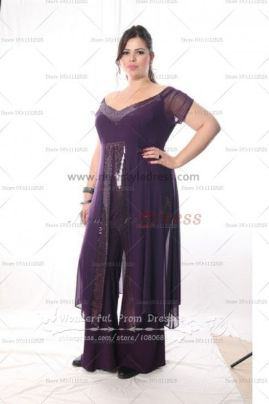 Plus Size purple Chiffon Off the Shoulder mother of the dress suits with Sequins nmo-041