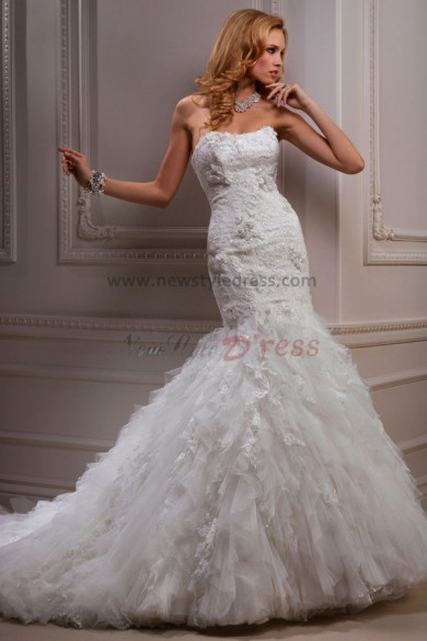 Ruched Mermaid lace Sheath Glamorous Strapless Chest Appliques wedding dresses nw-0190