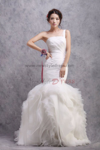Ruched One Shoulder Mermaid Lace Up Sweep Train Wedding Dresses nw-0176