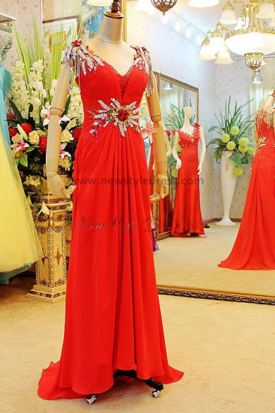 V-neck Tassel Court Train Elegant Hand-beading Crystal Sequins Chiffon Evening Dresses np-0122