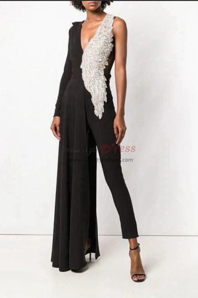 Black Bridal Jumpsuit Delicate Beaded Angel Wings V-neck bride dresses wps-137