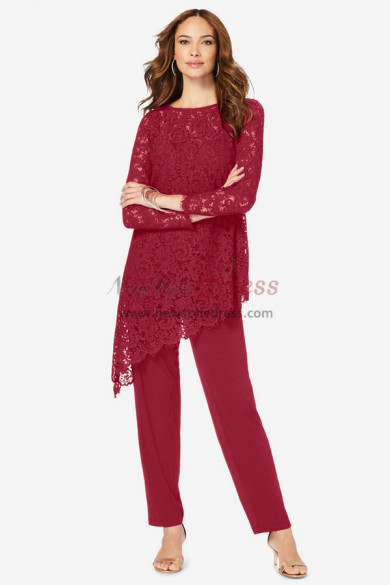 Burgundy Asymmetric Lace Mother of the Bride Pant Suits, Stretchy Waist Trousers Women