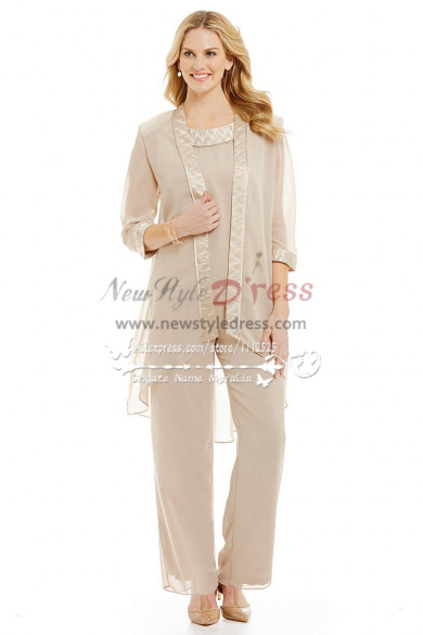 Champagne chiffon outfits for wedding Mother of the bride pant suits Plus size Pantset nmo-297