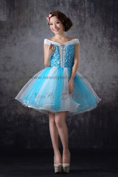 Ocean Blue and white Tulle Off the Shoulder Above Knee Min a-line Cocktail dresses nm-0193