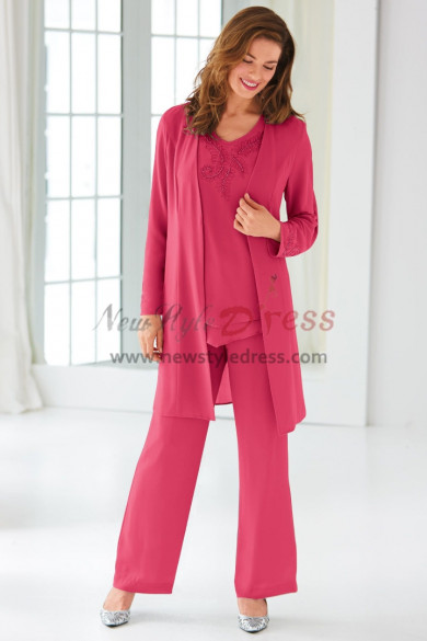 Classic Rose red Beaded Mother of the bride Pant suit dress with Jacket outfits nmo-439