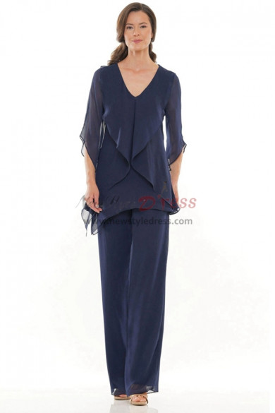 Dark Blue Chiffon Fashion Mother of the Bride Pant Suit,Two Piece Half Sleeves Women