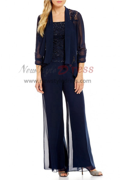 Dark navy Elegant 3 Pieces Mother of the bride pants suits with jacket nmo-400