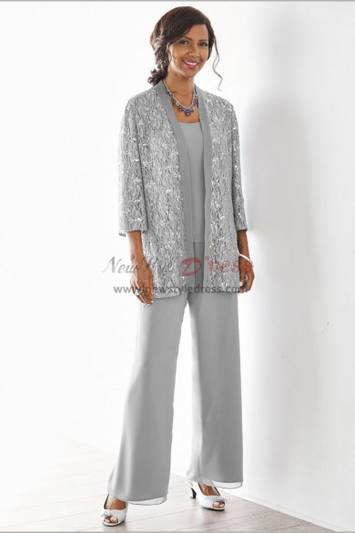 Elegant Gray Mother of the bride pant suits Elastic waist pants 3 piece Lace outfit nmo-534