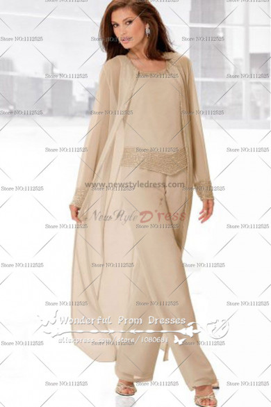 Light champagne Three Piece mother of the bride pants set with long coat nmo-046