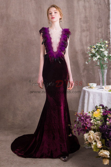 Glamorous Purple Prom dresses With Feathers Velvet Women wear for Special occasions NP-0374