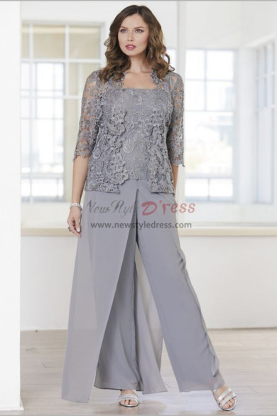 Gray Lace Mother of the groom pant suits dresses with jacket nmo-548