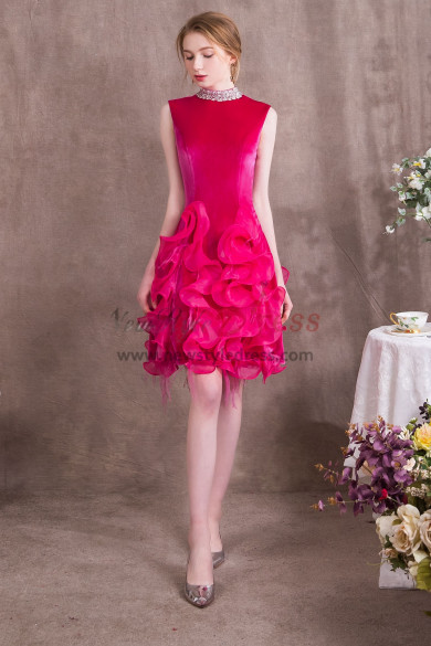 High Collar Rose Red Prom dresses Charming Ruffles Short dress NP-0371