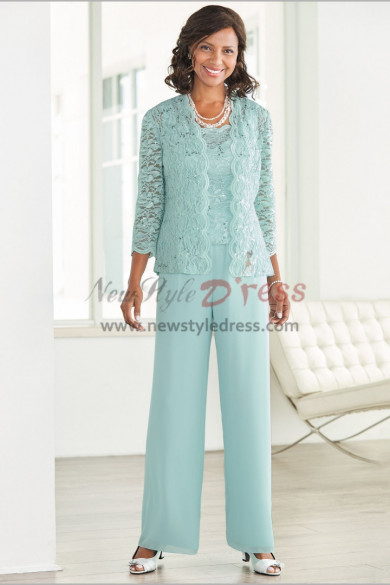 Jade Blue lace Elegant Mother of the bride pant suits with Lace jacket  Elastic waist Trousers outfit Aqua nmo-451