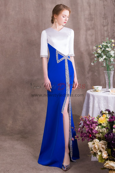 Mermaid Prom dresses Royal Blue and white Satin Sexy slit NP-0377