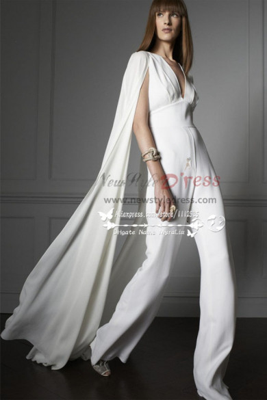 Modern bridal  white chiffon jumpsuit Wedding dress with cape wps-056