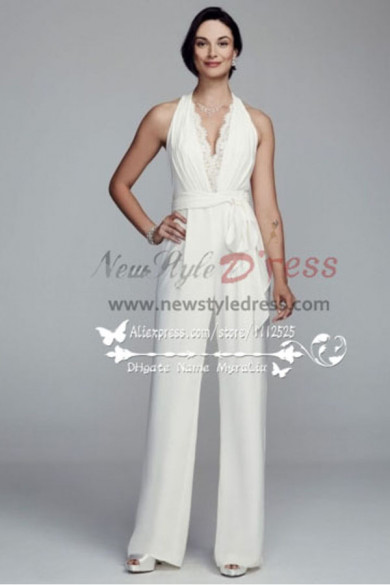 Modern Wedding pant suits white lace halter jumpsuit wps-050