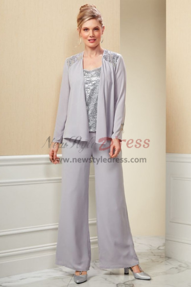 Mother of the bride pantsuit Silver Sequins Tunic Gray Chiffon Trouser set nmo-436
