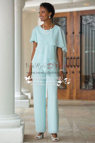 Jade Blue Mother of the bride pant suits Comfortable Chiffon Trousers set for Beach wedding nmo-264