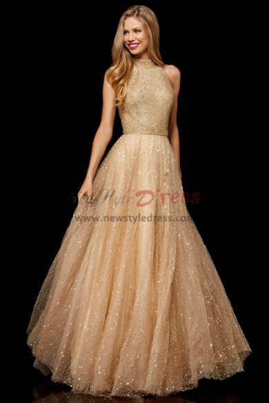 Nude Sequin Fabrics Prom Dresses, Gold A-Line Halter Wedding Party Dresses pds-0045