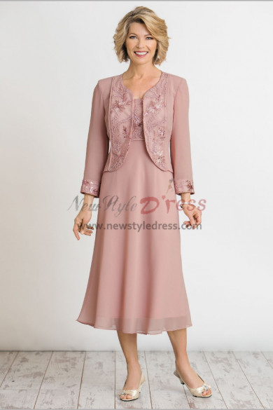 Pink Embroidery Chiffon Outfit Mid-Calf Mother of the bride dresses with Jacket nmo-470