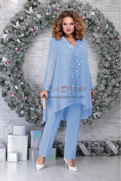 Plus Size 3PC Sky Blue Mother of the Bride Pantsuits  With Jacket, Women