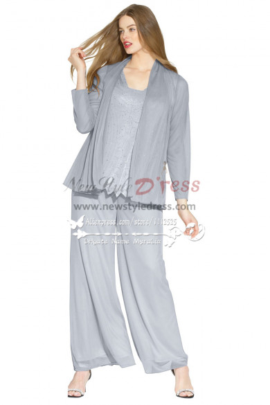Plus size Gray beaded chiffon mother of the bride pant suits outfit nmo-256