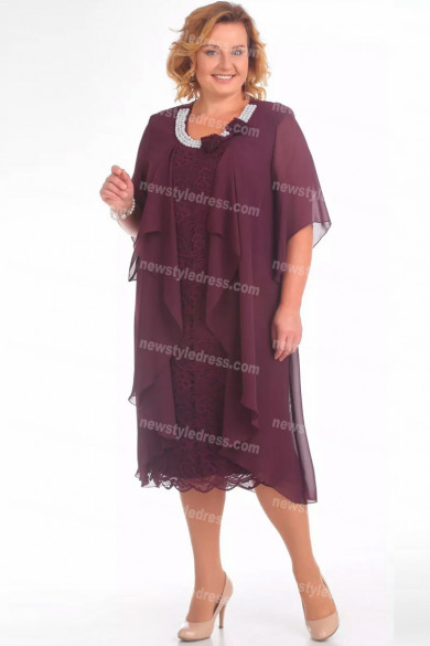 Plus Size Hand Pearl Neck Mother Of The Bride Dress Burgundy Women