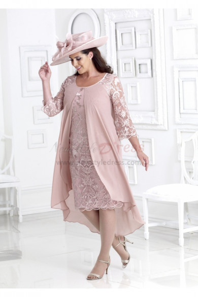 Plus size Mother of the bride Lace dress with chiffon Overlay Pink NMO-662