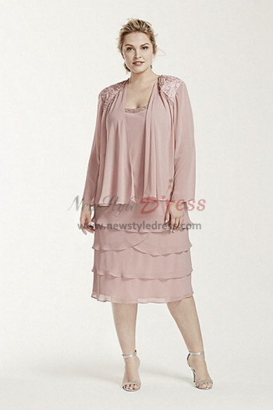 Plus size Pink chiffon 3PC outfit Mother of the bride Knee-Length dress with jacket nmo-471