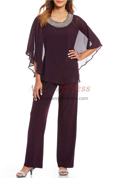 Purple Chiffon Beaded Neck Poncho pant suit for Mother nmo-383
