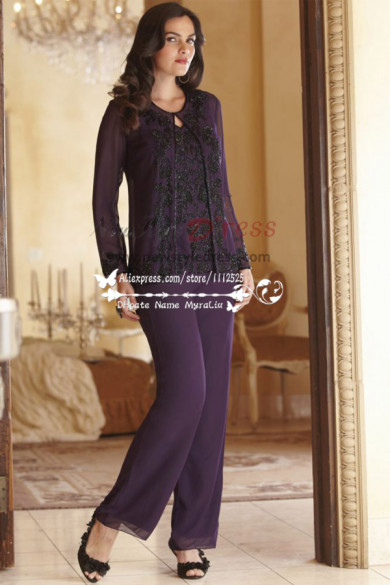 Purple customize mother of the bride pant suits with balck appliques nmo-200