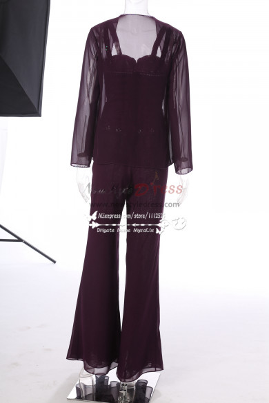 Purple hand beading Chiffon Mother of the bride pant suits Flare pants MT001705