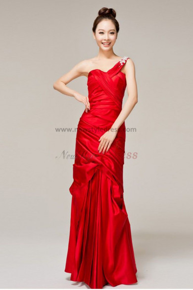 red Satin Ruched One Shoulder Sheath Unique prom dresses