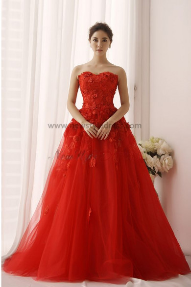 Red a-line Sweetheart Appliques lace Sweep Train Multilayer tulle Wedding dresses nw-0154