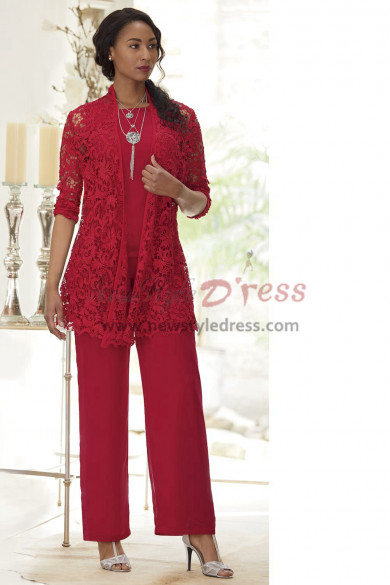 Red Lace Mother of the bride pant suit dress 3-PC Elastic waist Trouser set nmo-454