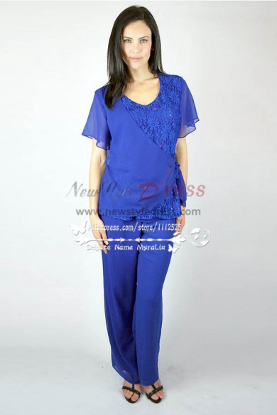 Royal blue Two piece Trousers set for Summer wedding Mother of the bride chiffon pant suits nmo-267