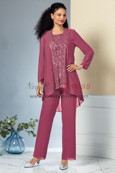 Rust red Three pieces Mother of the bride pant suit dress with Sequins nmo-441