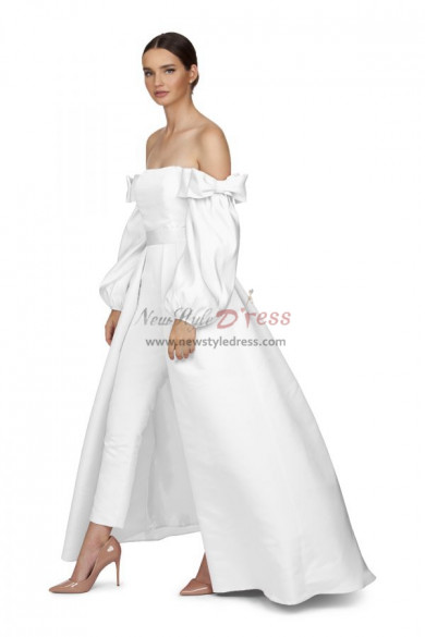 Satin Bridal Jumpsuit White Wedding Gown Detachable Train wps-157