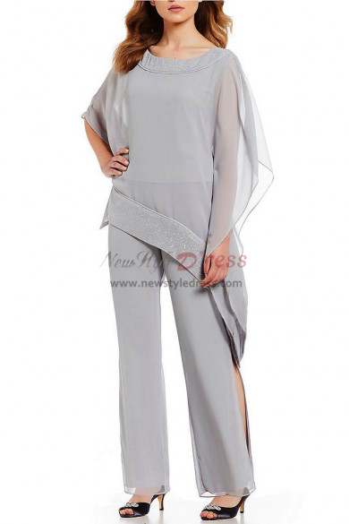 Silver Gray Chiffon Poncho Top Elastic waist Mother of the Groom pant suits nmo-515