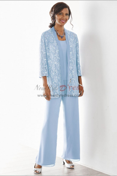 Sky blue Mother of the bride pant suits with jacket 3PC pants outfit nmo-536