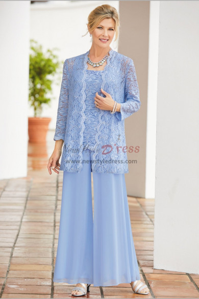 Sky Blue Mother of the bride trouser suits Loose Pants lace outfit for wedding nmo-601