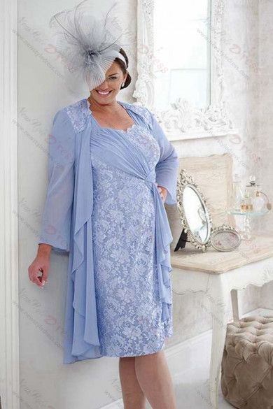 Sky blue Plus size Mother of the bride dress with jacket 2PC lace women