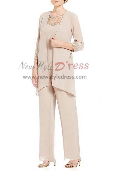 Spring Champagne Chiffon 3 pieces Elastic waist pant suits for mother nmo-396