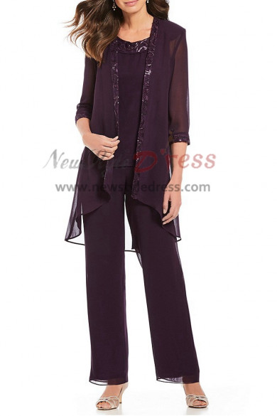 Three pieces Purple Chiffon pants outfit for Mother beach wedding nmo-408